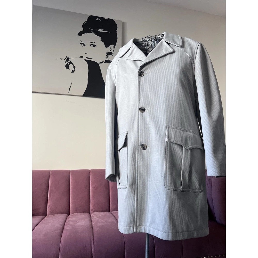 Vintage Richman Brothers Warp Knit Car Coat Gray Polyester 3 Button Overcoat 70s